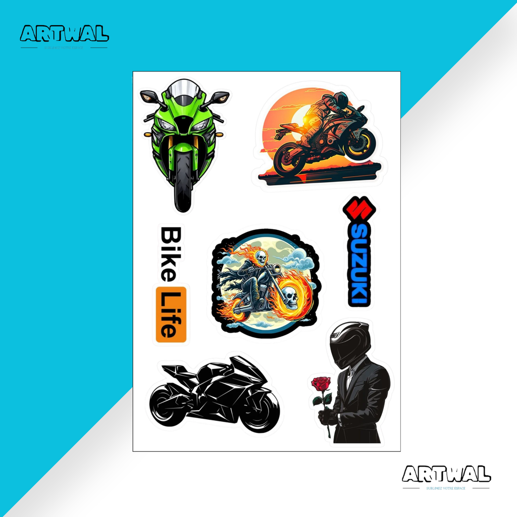 Pack de 4 feuilles stickers Moto bike