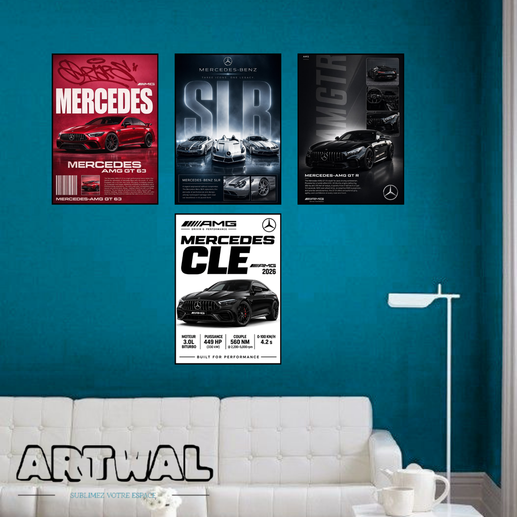 Pack de 4 poster autocollant voiture Mercedes