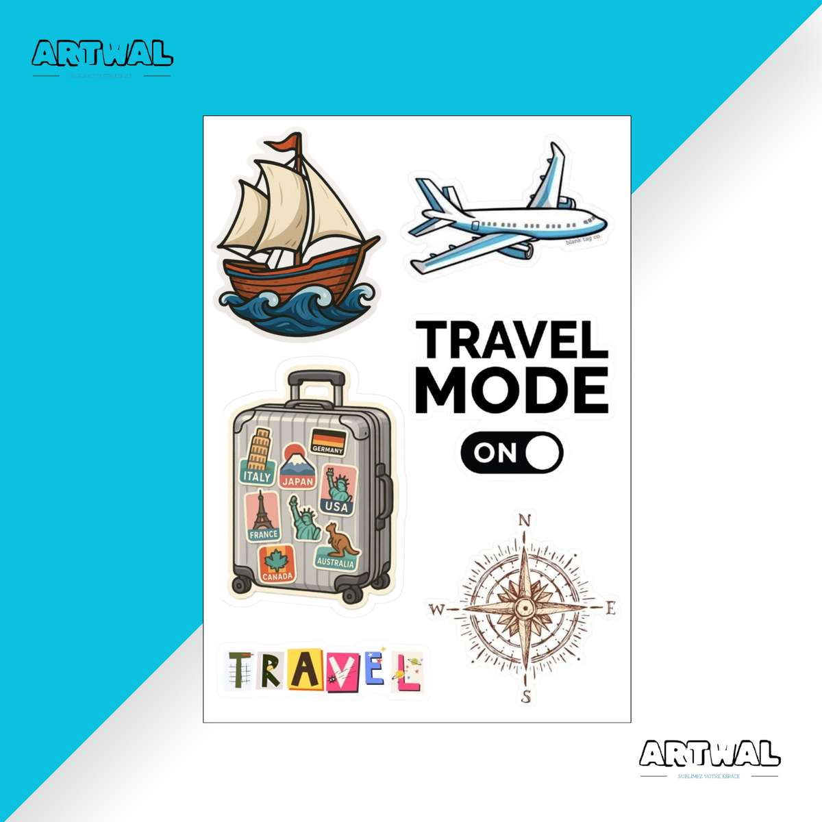 Pack de 4 feuilles de stickers de voyage pour les funs du voyage
