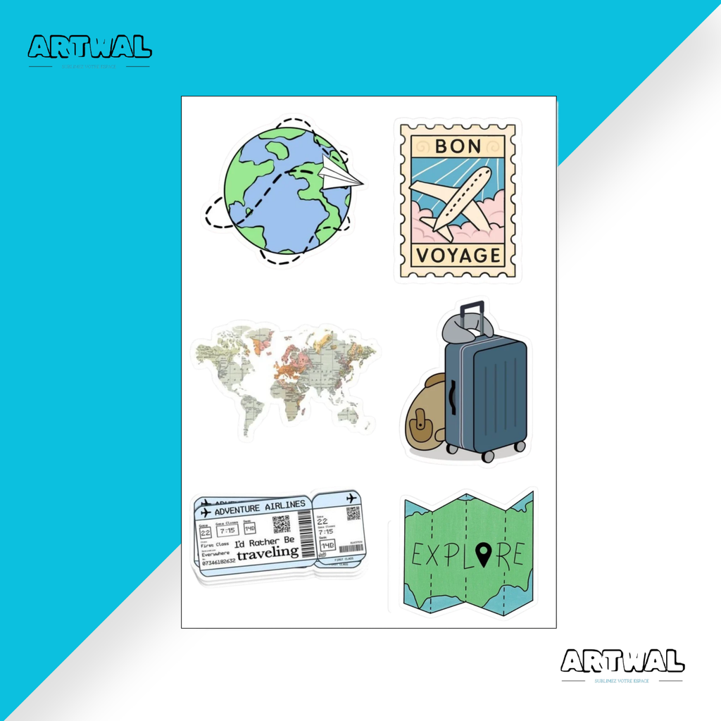 Pack de 4 feuilles de stickers de voyage pour les funs du voyage